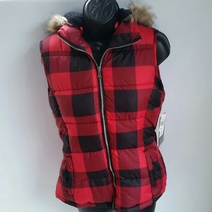 Womens Vest Hooded Faux Fur Fleece Black Red Check